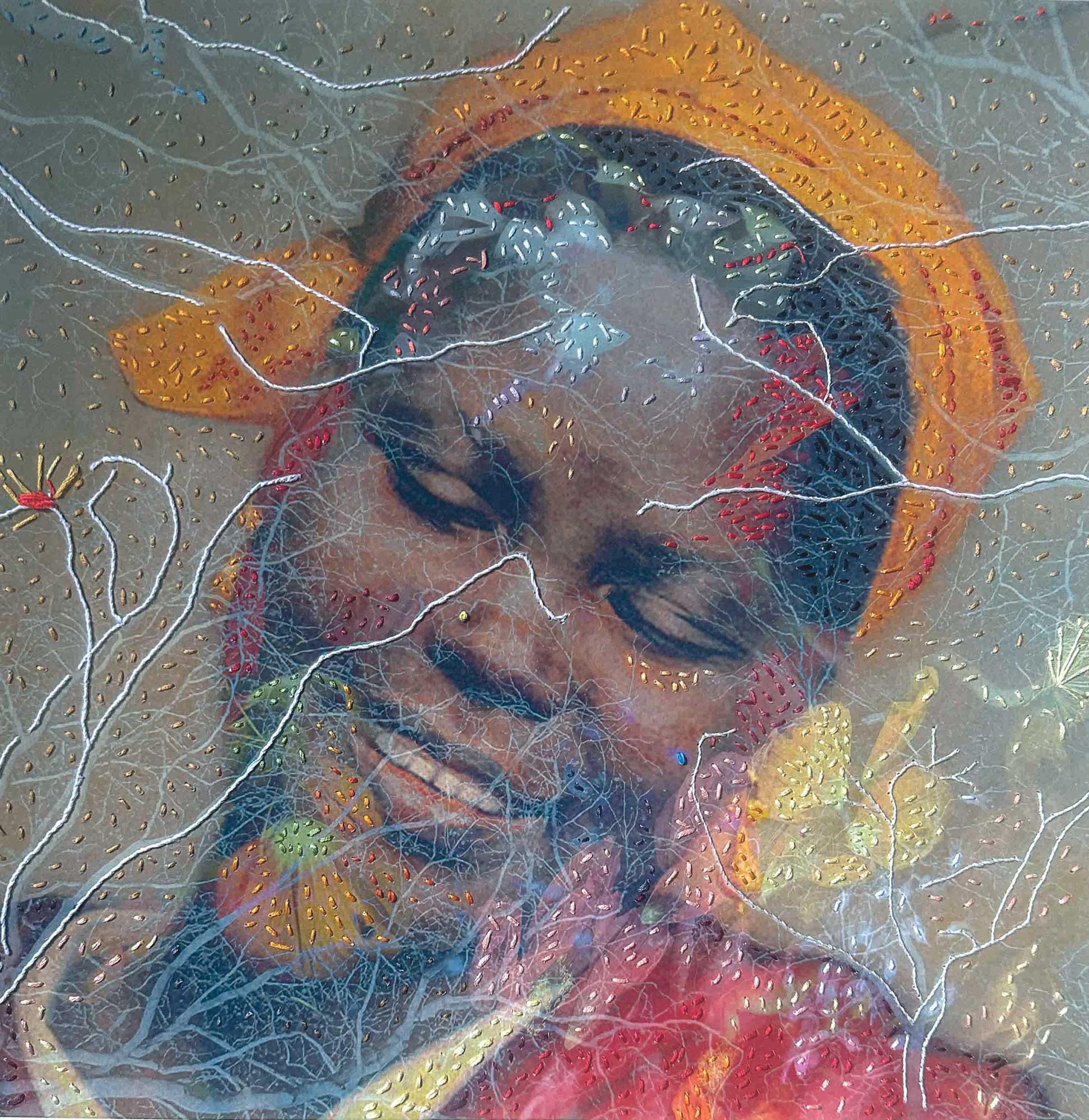 A Botanical Embrace — embroidered portrait by Trinidad artist Christine Norton, figure surrounded by hand-stitched Caribbean botanicals on archival print.