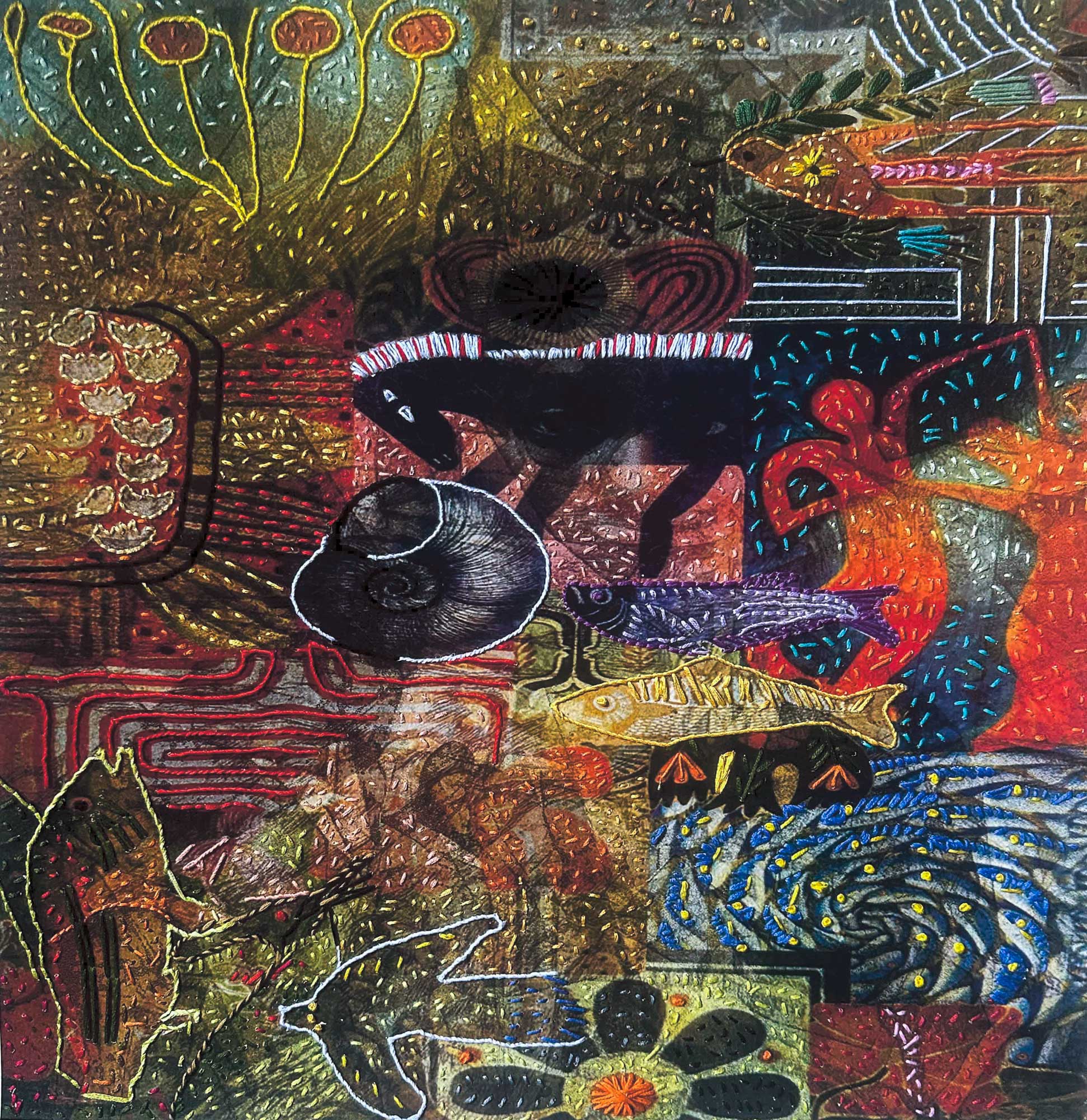 Bearing the Biome — embroidered botanical still life by Trinidad artist Christine Norton, mixed media thread work on archival print.
