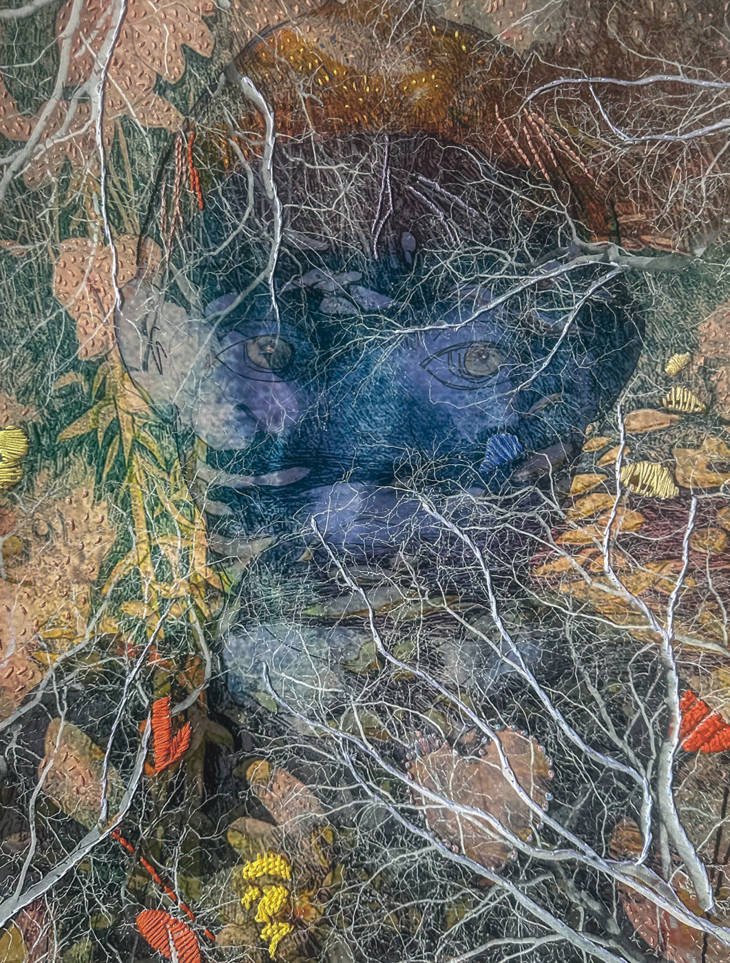 Embroidered mixed-media portrait titled Dreaming of Love by the River II by Trinidad artist Christine Norton, botanical figure beside water, hand-stitched thread on archival print.