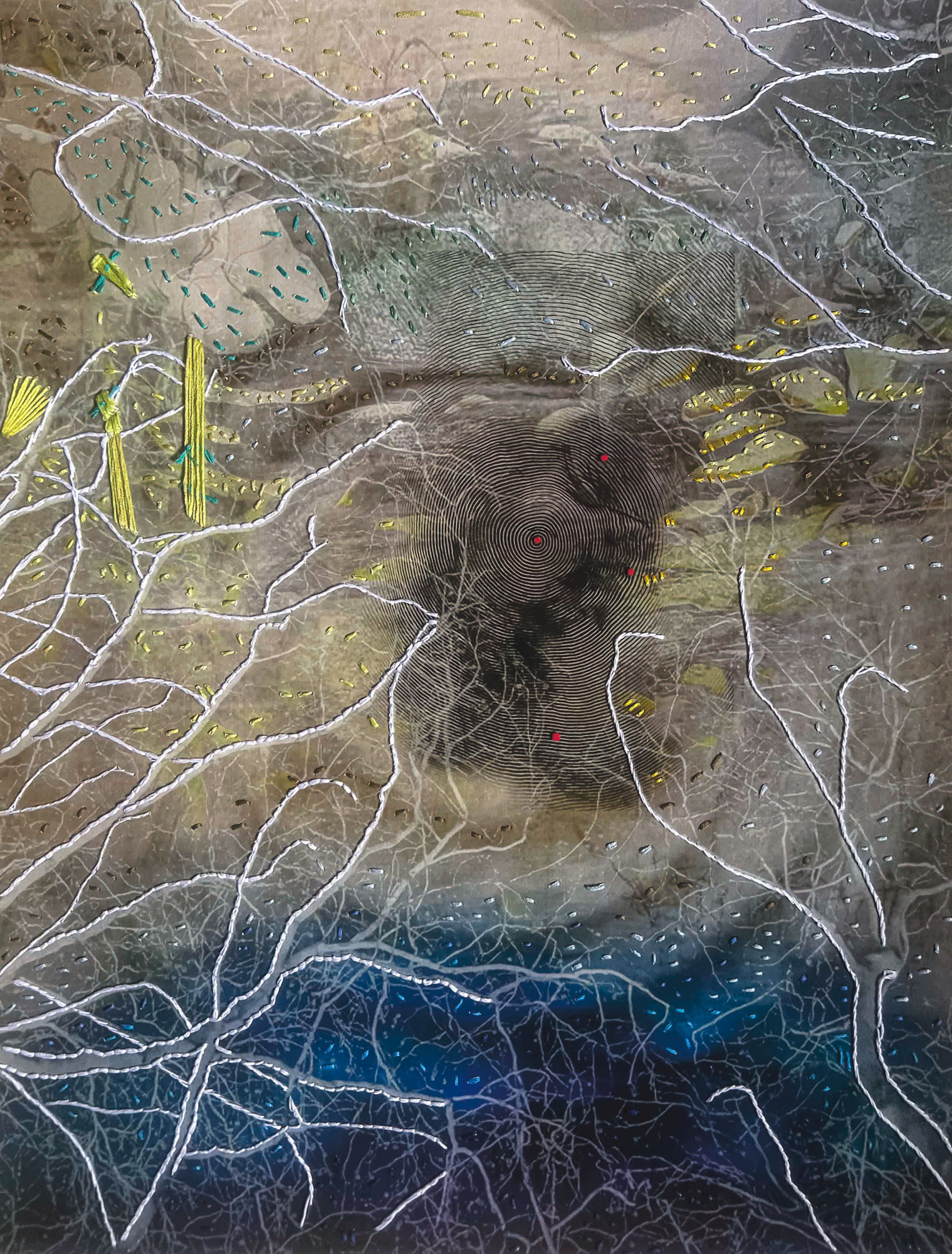 Mixed media hand-stitched portrait Dreaming of Love by the River III by Christine Norton, Trinidad-based artist, botanical thread work on archival print.