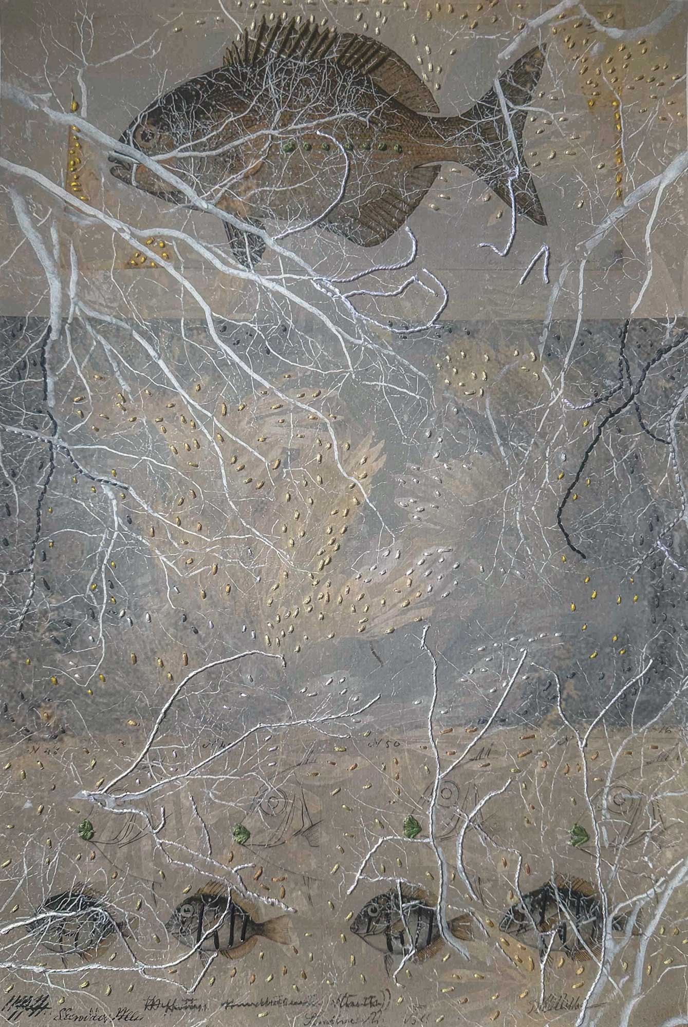 Echoes of the Ancient Ocean — embroidered Caribbean landscape by Trinidad artist Christine Norton, mixed media with thread work on archival print.