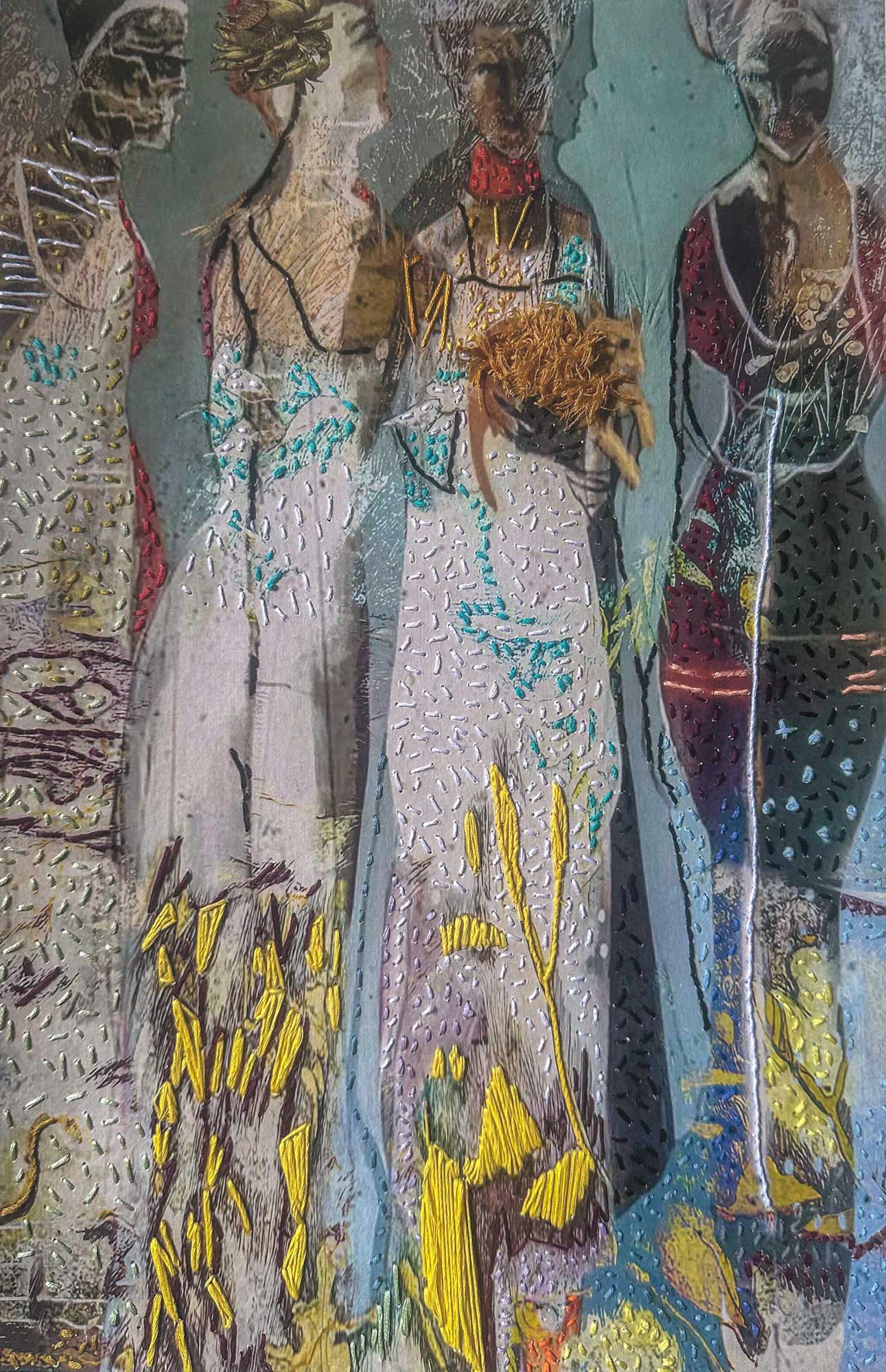 Four Nature Lovers and a Cat — embroidered group portrait by Trinidad artist Christine Norton, four figures and a cat in a Caribbean garden.