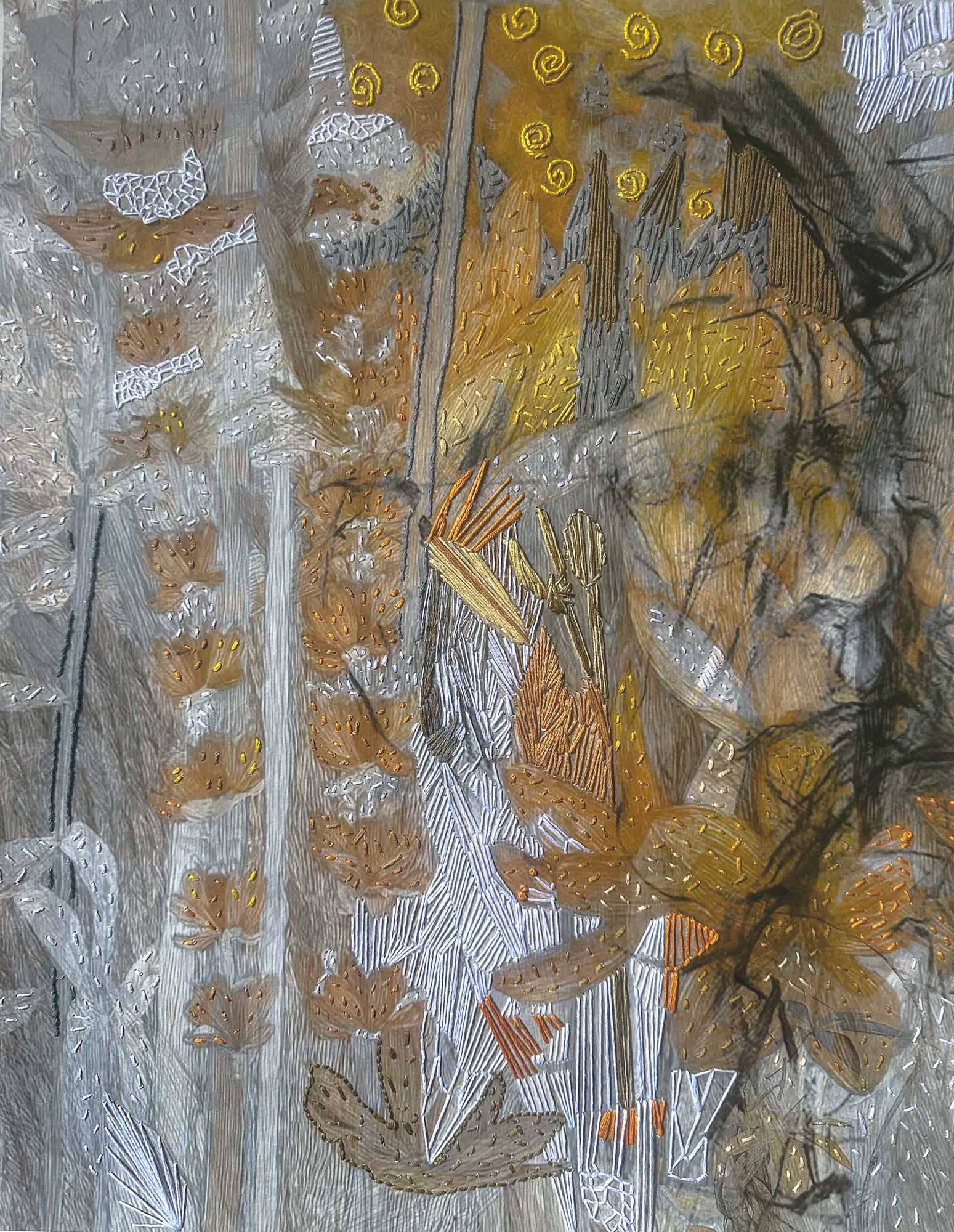 He Lived with Nature: He Watched it Come and Go — embroidered mixed-media portrait by Trinidad artist Christine Norton, figure surrounded by botanical thread work.