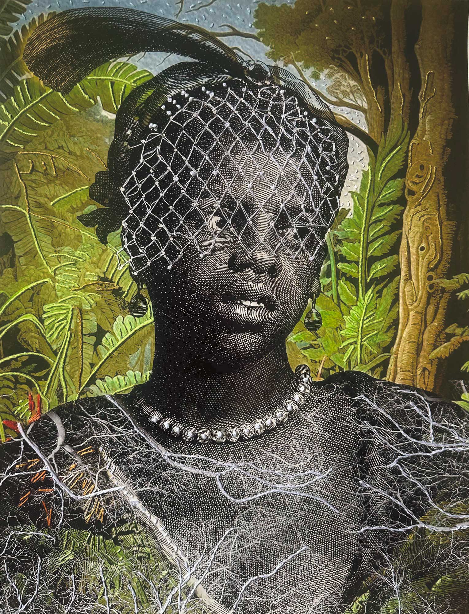 Embroidered mixed-media portrait Into the Wild by Christine Norton, figure among Caribbean botanicals with thread-stitched foliage, fine art archival print.
