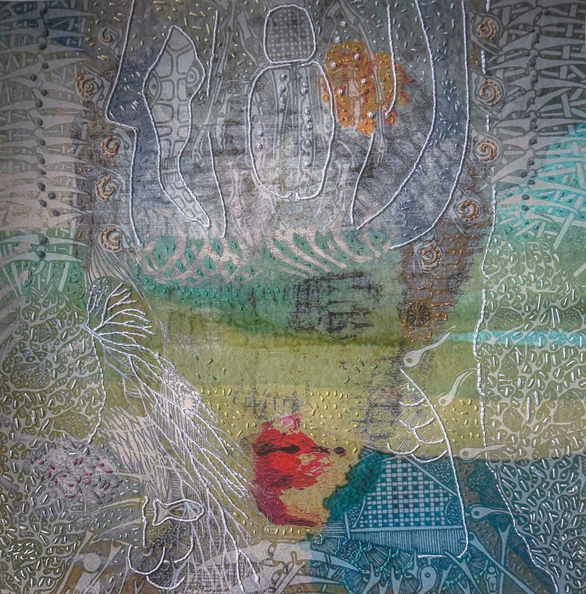 Embroidered portrait With Lips Like an Island Lily Red Wet with the Soft Rain Kisses of the Night by Trinidad artist Christine Norton, mixed media thread work on archival print.