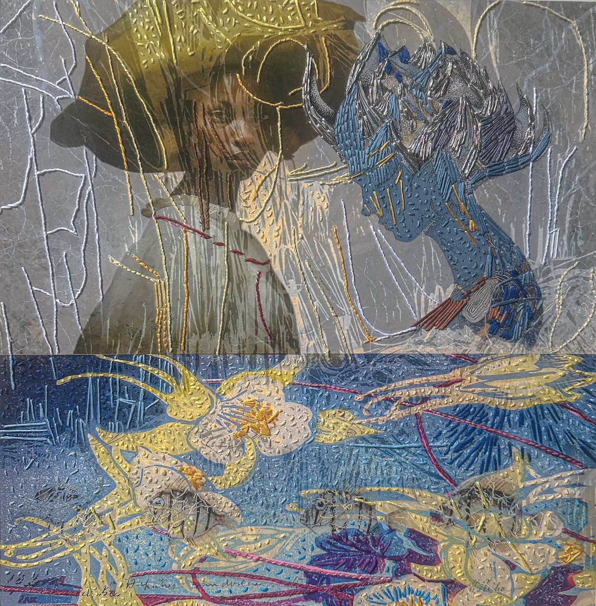 Listening to the Landscape — embroidered portrait by Trinidad artist Christine Norton, figure with hand-stitched Caribbean botanicals on archival print.