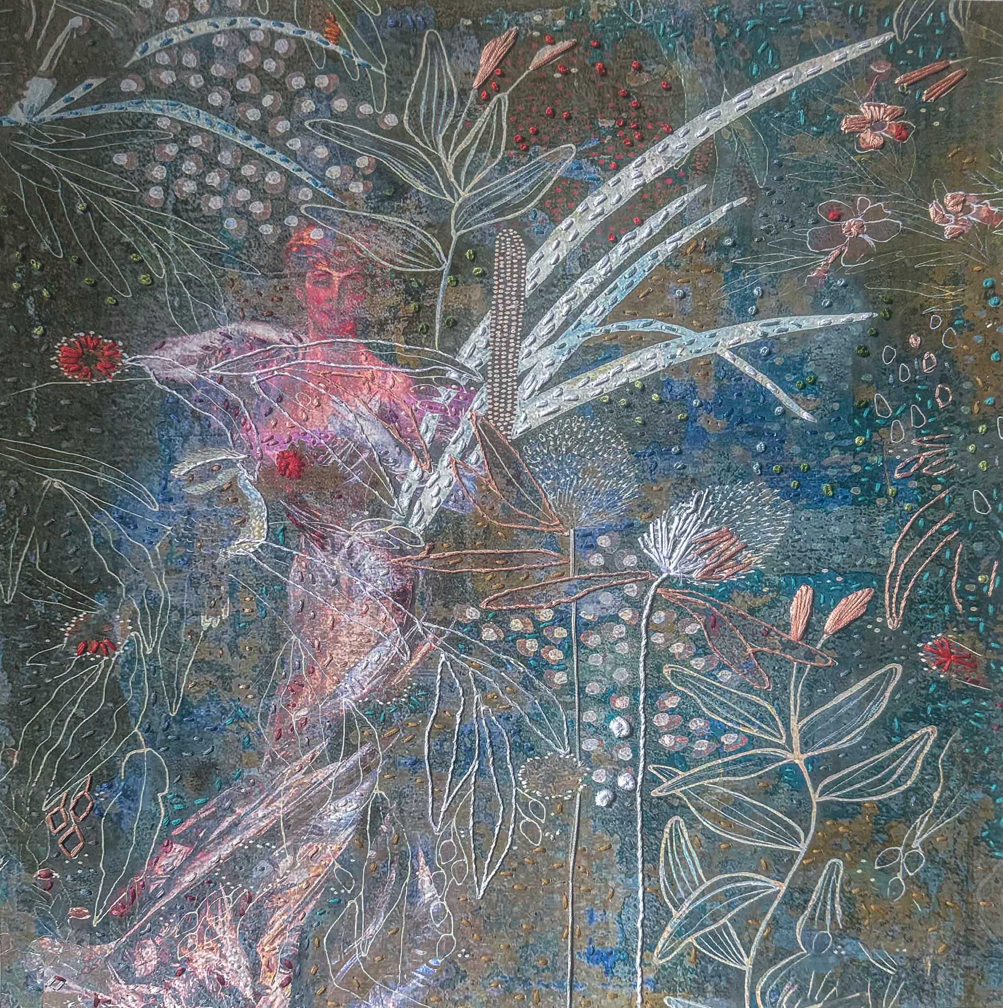 Painted on the Garden Wall — embroidered mixed-media landscape portrait by Trinidad artist Christine Norton, figure and botanicals stitched on archival print.