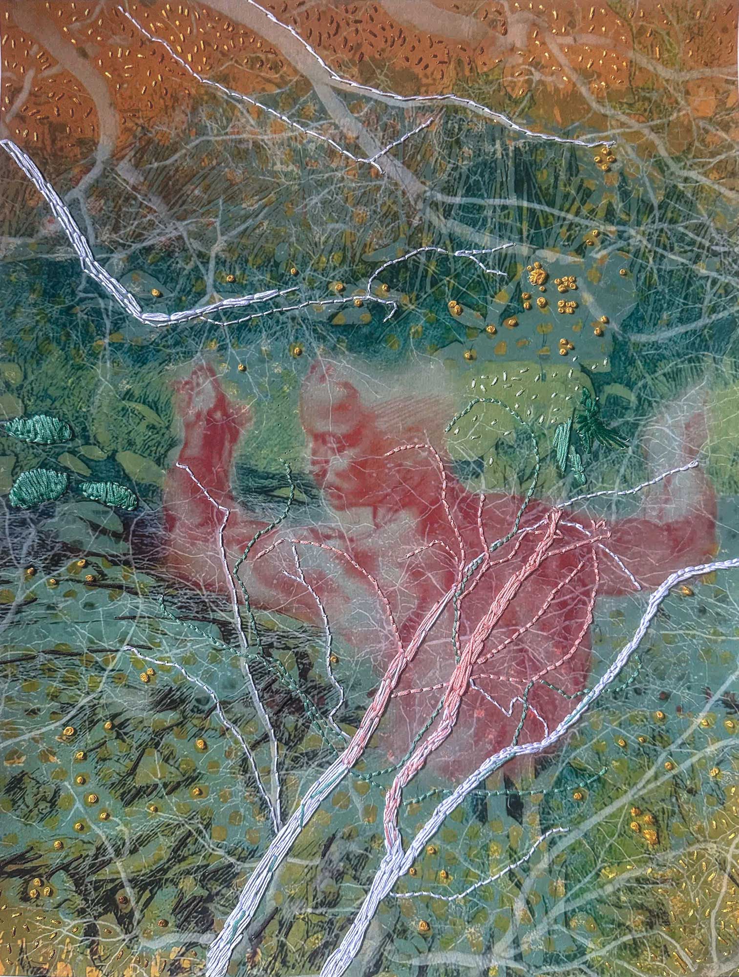 The Potamoi — embroidered mixed-media river-god portrait by Trinidad artist Christine Norton, thread work on archival print, Caribbean water spirit.