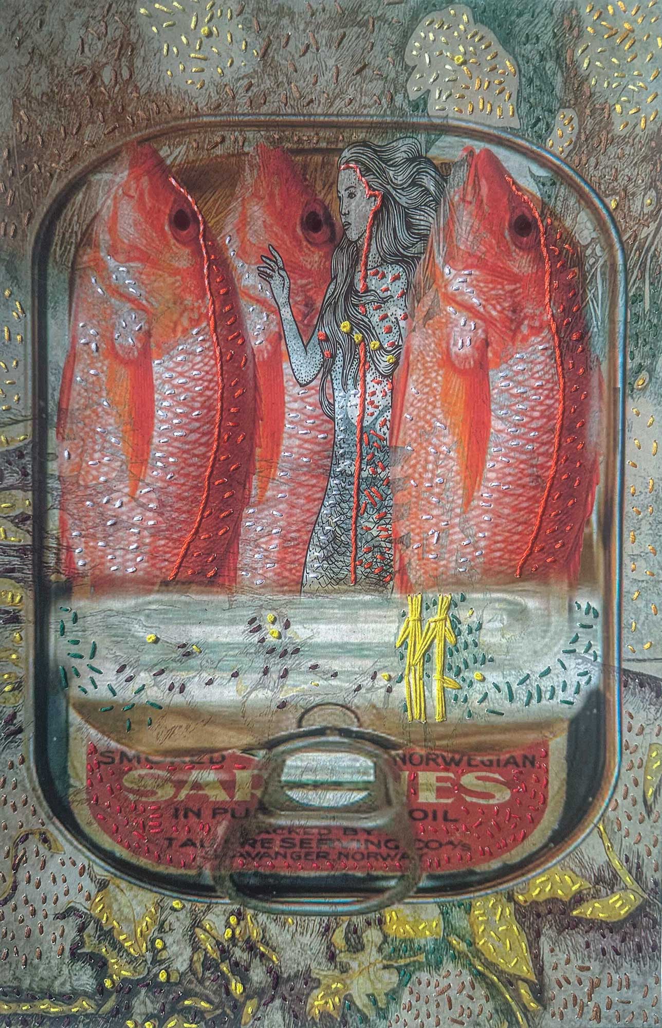 We Are All in This Together — embroidered Caribbean still life by Trinidad artist Christine Norton, mixed media with thread work on archival print.
